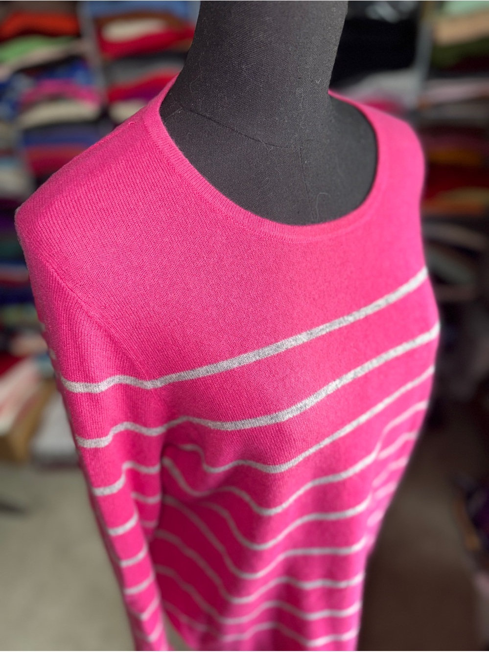 Women’s Hot Pink Striped Crewneck Cashmere Sweater